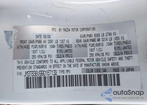 2009 Mazda Cx-9 Touring from USA, damaged, VIN JM3TB38V990167132